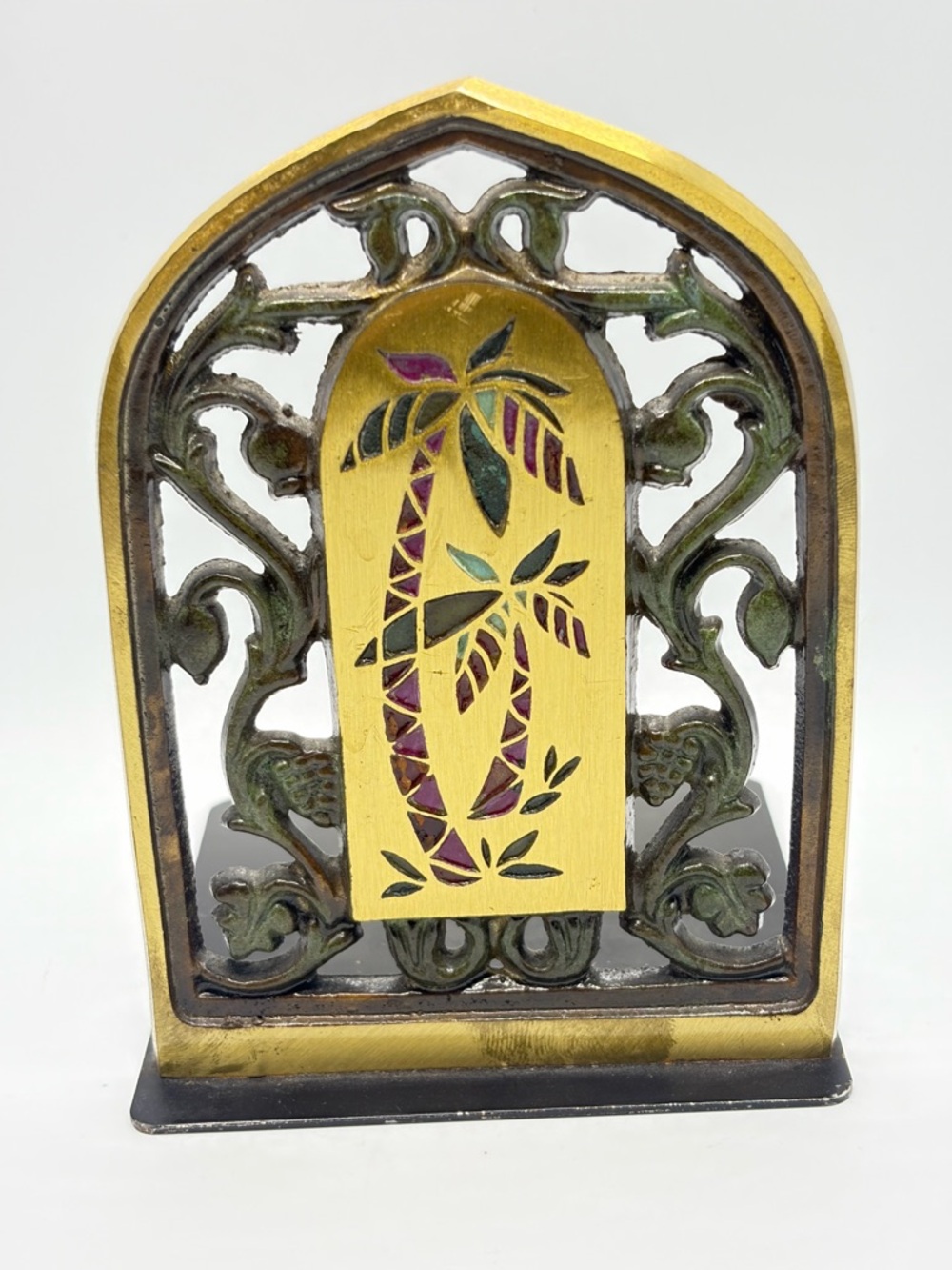 Vintage Israel Palm Tree Grapevine Brass Enamel Inlay Judaica Bookend Home Decor